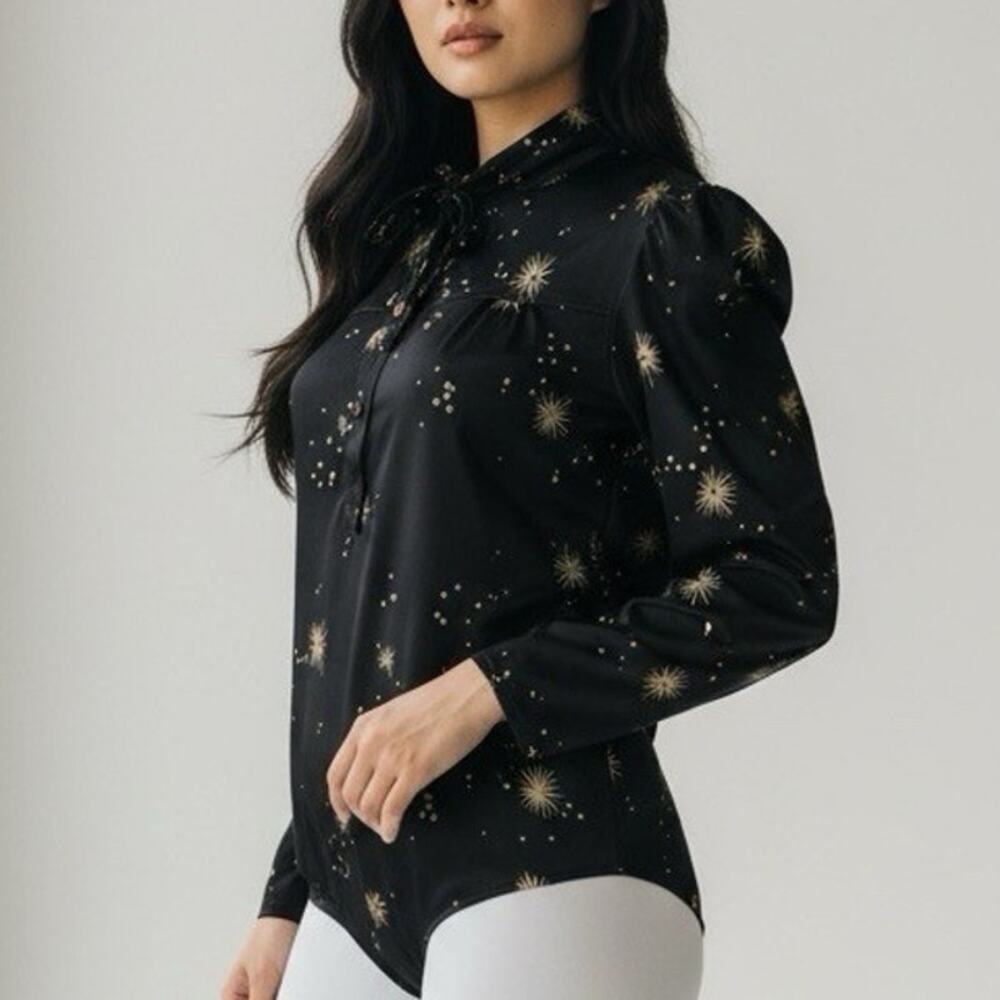 VTG 70s Le Bourget Bodysuit 44 Black Gold France Disco Celestial Metallic Rare